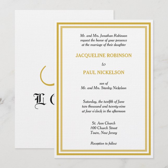 Gold White Monogram Wedding Invitation (Front/Back)