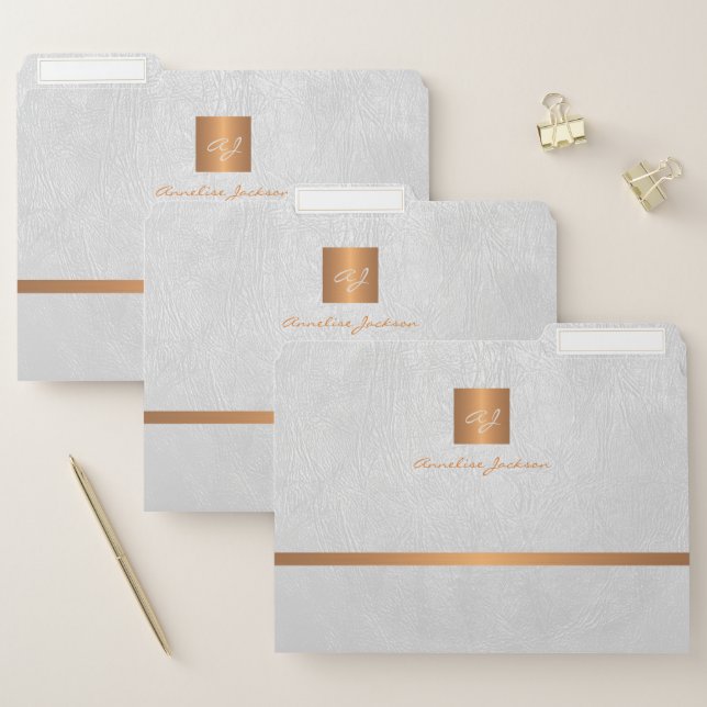 Gold white monogrammed modern elegant chic file folder (Set)