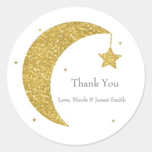 Gold  White Moon  Stars Baby Shower Favor Classic Round Sticker