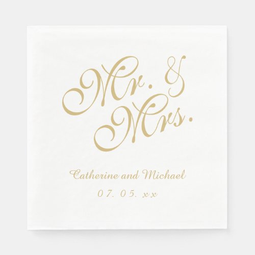 Gold White Mr and Mrs  Wedding Paper Napkins