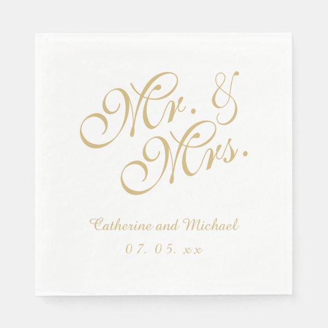 Gold White Mr. and Mrs. | Wedding Paper Napkins (Front)