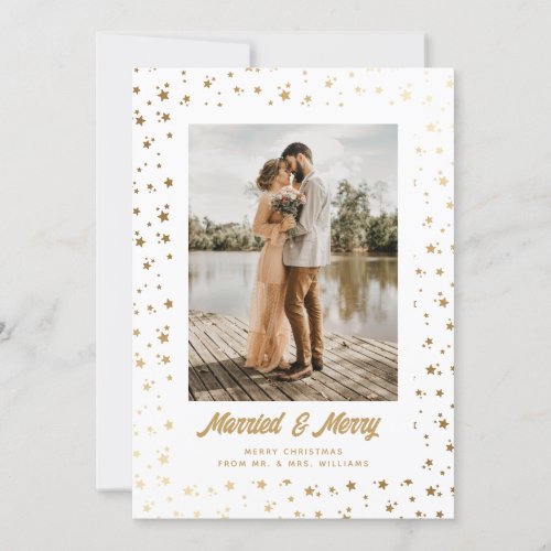 Gold White Newlyweds Photo Holiday Card