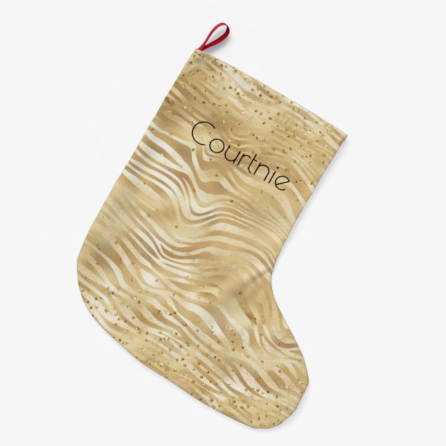 Gold White Ombre Zebra Confetti Sparkles        Large Christmas Stocking (Front (Hanging))