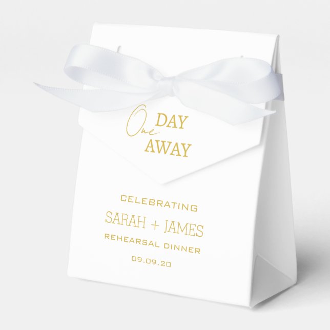 Gold & White One Day Away Rehearsal Dinner Wedding Favor Boxes (Front Side)