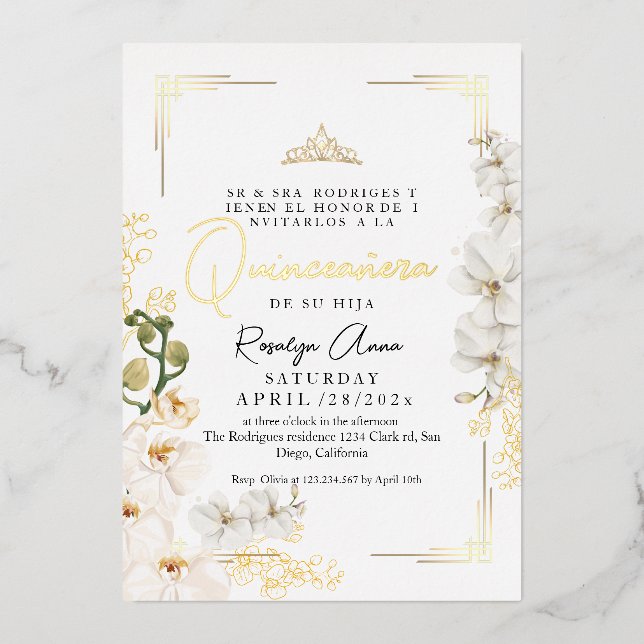 Gold White Orchids Princess Tiara Quinceañera  Foil Invitation (Front)