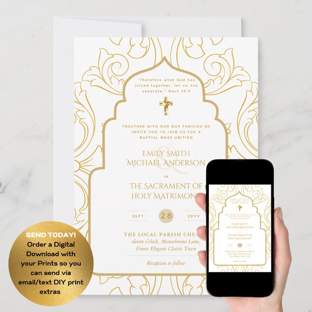 Gold White Ornate Catholic Nuptial Mass Wedding  Invitation (Creator Uploaded)