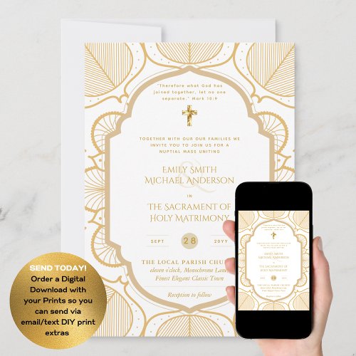 Gold White Ornate Catholic Nuptial Mass Wedding Invitation