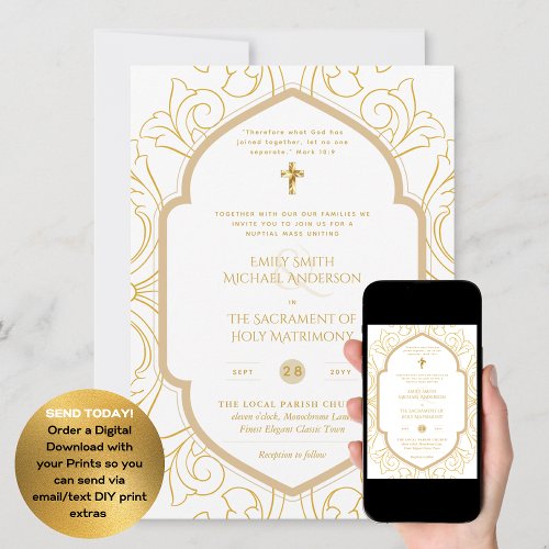 Gold White Ornate Catholic Nuptial Mass Wedding Invitation