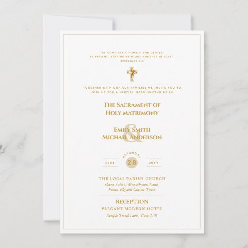 Gold White Ornate Catholic Nuptial Mass Wedding Invitation