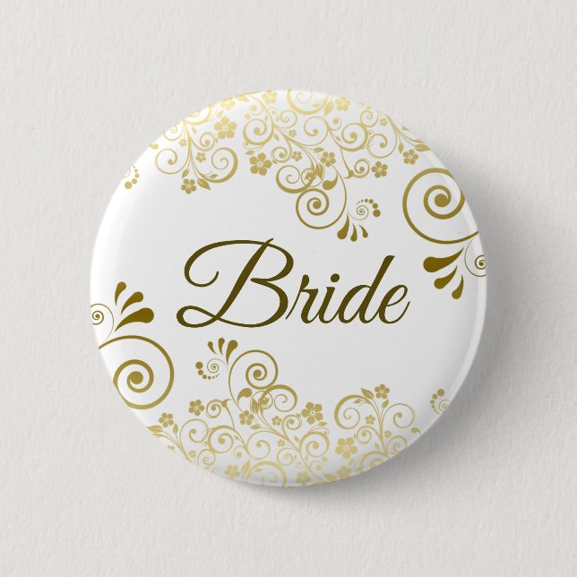 Gold & White Ornate Filigree Elegant Wedding Bride Button (Front)