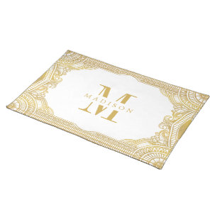 Gold White Ornate Royal Swirls Frame Monogram Cloth Placemat