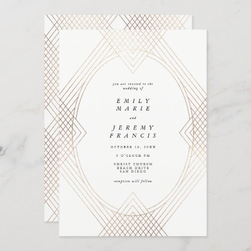 Gold White Oval Geometric Art Deco Gatsby Wedding Invitation