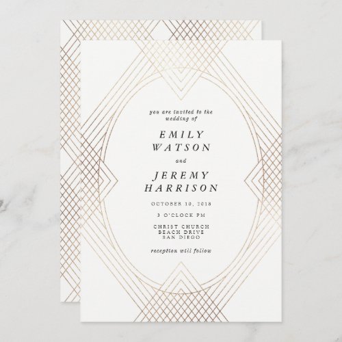 Gold White Oval Geometric Art Deco Gatsby Wedding Invitation