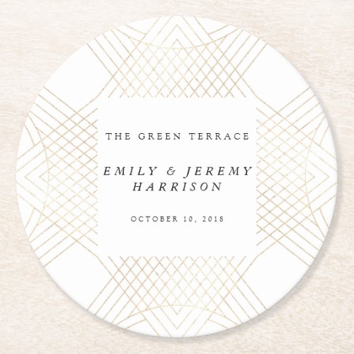 Gold White Oval Geometric Art Deco Gatsby Wedding Round Paper Coaster