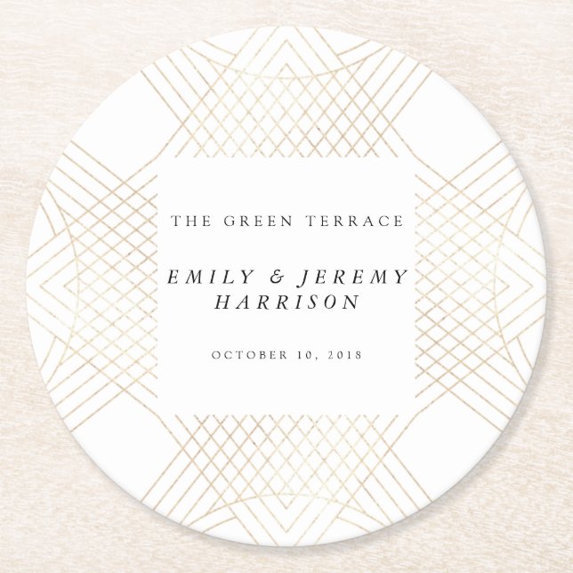 Gold White Oval Geometric Art Deco Gatsby Wedding Round Paper Coaster (Front)