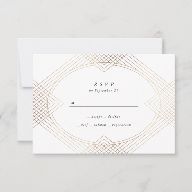 Gold White Oval Geometric Art Deco Gatsby Wedding RSVP Card (Front)