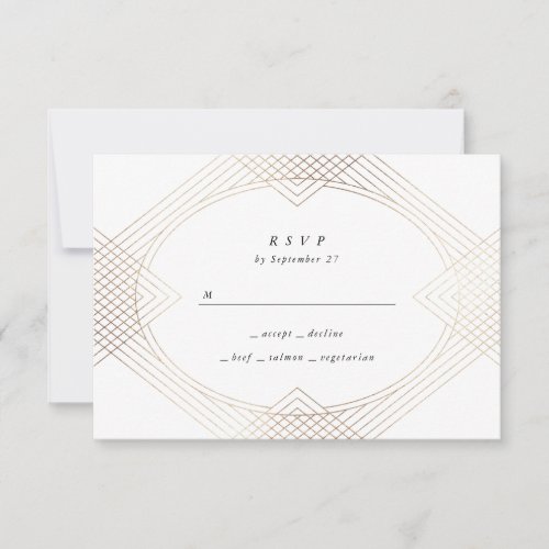 Gold White Oval Geometric Art Deco Gatsby Wedding RSVP Card