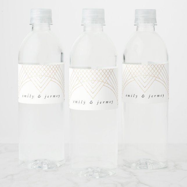 Gold White Oval Geometric Art Deco Gatsby Wedding Water Bottle Label (Bottles)