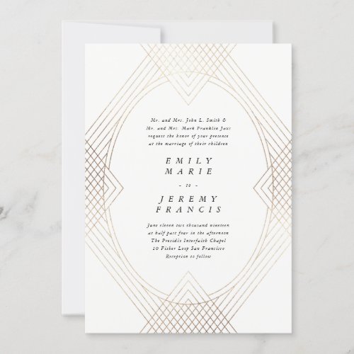 Gold White Oval Geometric Simple Modern Gatsby Invitation