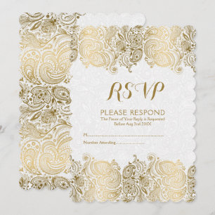 Gold & White Paisley Lace RSVP Invitation
