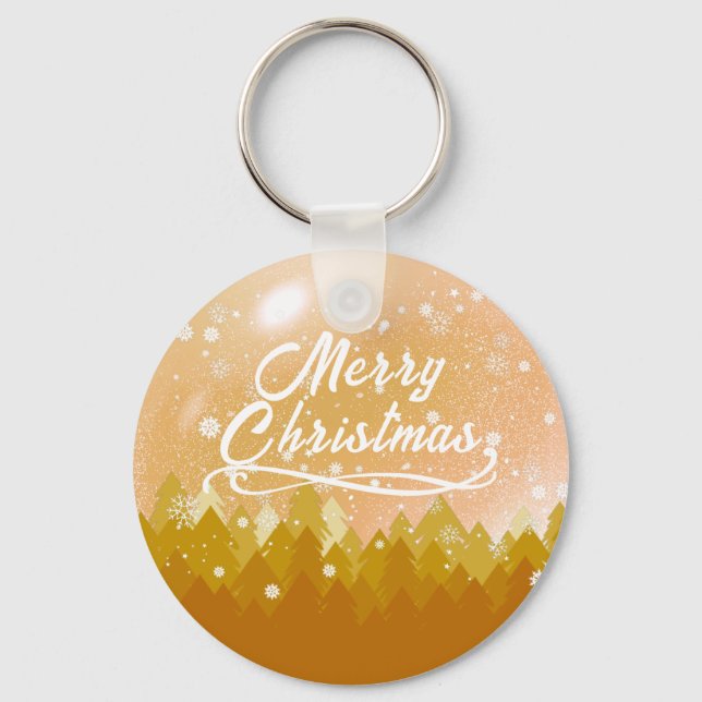 Gold White Peaceful Snow Forest Merry Christmas  Keychain (Front)