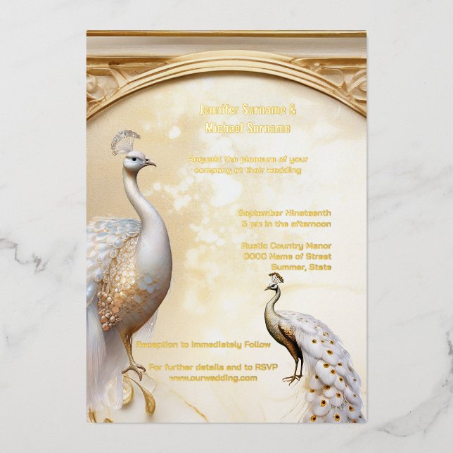 Gold white peacock art nouveau elegant real foil invitation (Front)