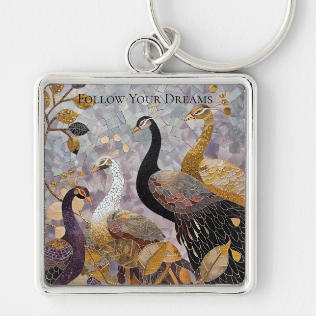 Gold White Peacocks Christmas Keychain (Front)