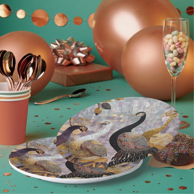 Gold White Peacocks Christmas Paper Plates (Multi)