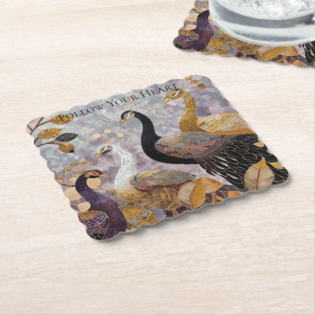 Gold White Peacocks Paper Coaster (Angled)