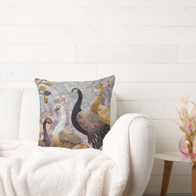 Gold White Peacocks Throw Pillow (Couch)