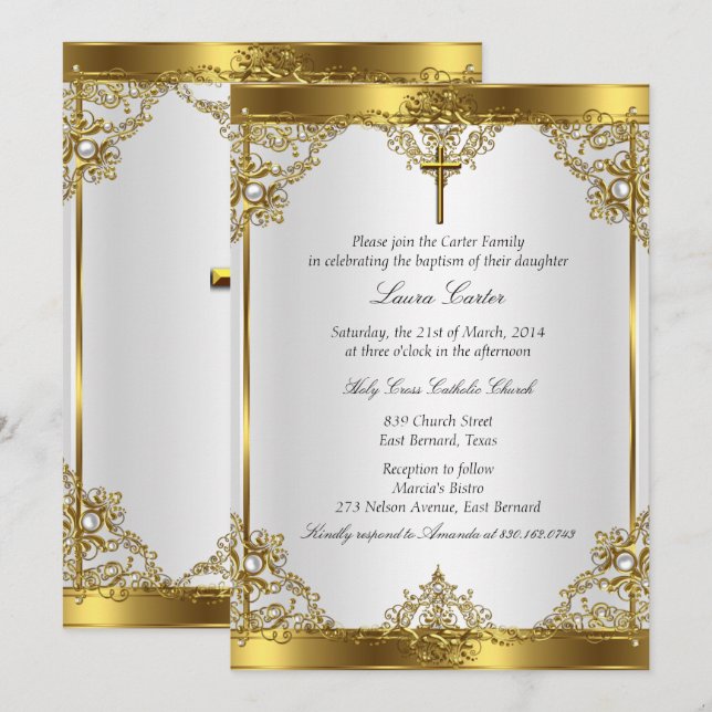 Gold White Pearl Cross Baptism Christening 2 Invitation (Front/Back)