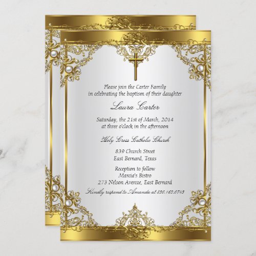 Gold White Pearl Cross Baptism Christening 2 Invitation