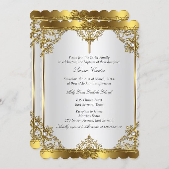 Gold White Pearl Cross Baptism Christening 2 Invitation | Zazzle.com