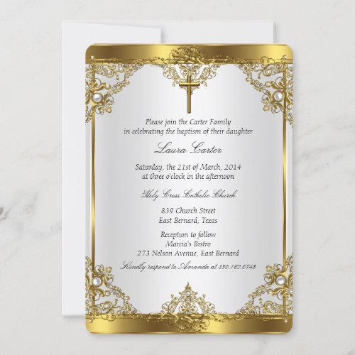 Gold White Pearl Cross Baptism Christening 2 Invitation