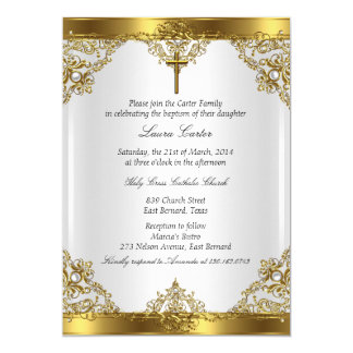 Gold White Pearl Damask Cross Baptism Christening Card