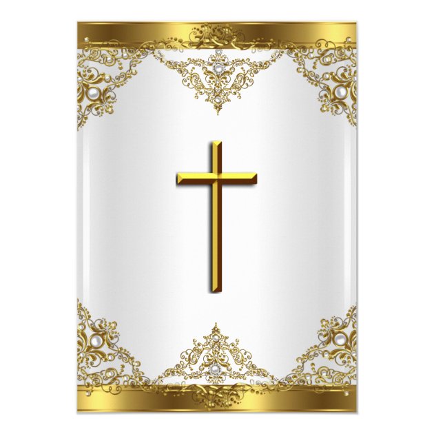 Gold White Pearl Damask Cross Baptism Christening Invitation