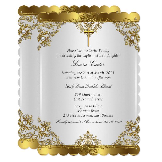 Gold White Pearl Damask Cross Baptism Christening Invitation