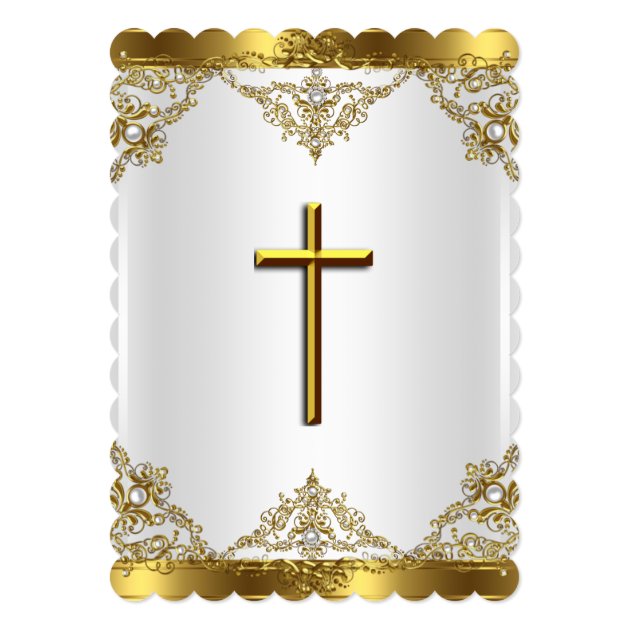 Gold White Pearl Damask Cross Baptism Christening Invitation