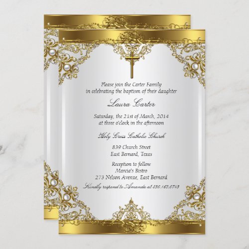 Gold White Pearl Damask Cross Baptism Christening Invitation