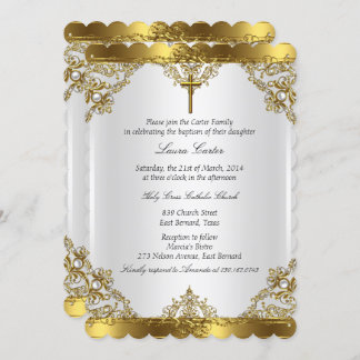 Gold White Pearl Damask Cross Baptism Christening Invitation