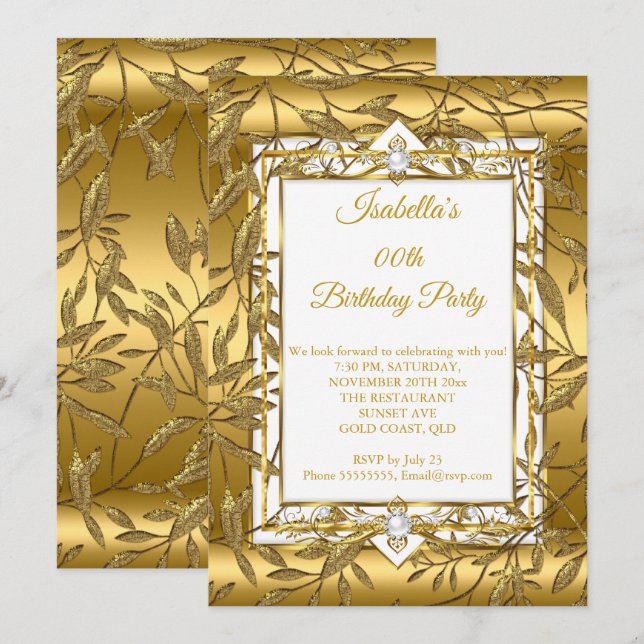 Gold White Pearl Damask Floral Birthday Party Invitation (Front/Back)