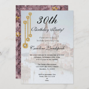Gold & White Pearl Jewels in Venice Happy Birthday Invitation