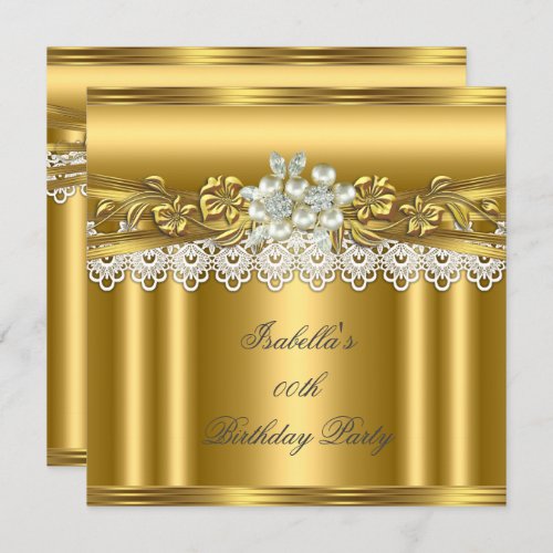 Gold White Pearl Lace Floral Birthday Party Invitation