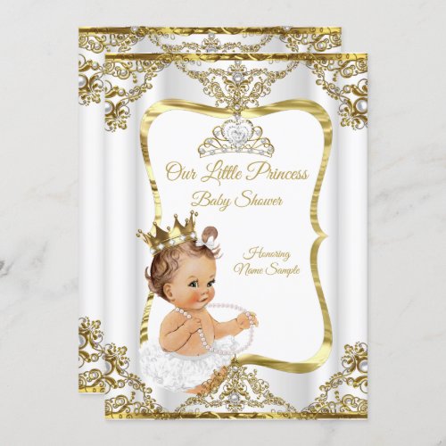 Gold White Pearl Princess Baby Shower Brunette Invitation