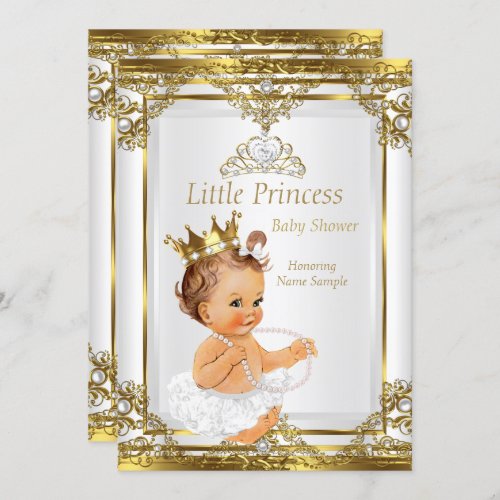 Gold White Pearl Princess Baby Shower Brunette Invitation