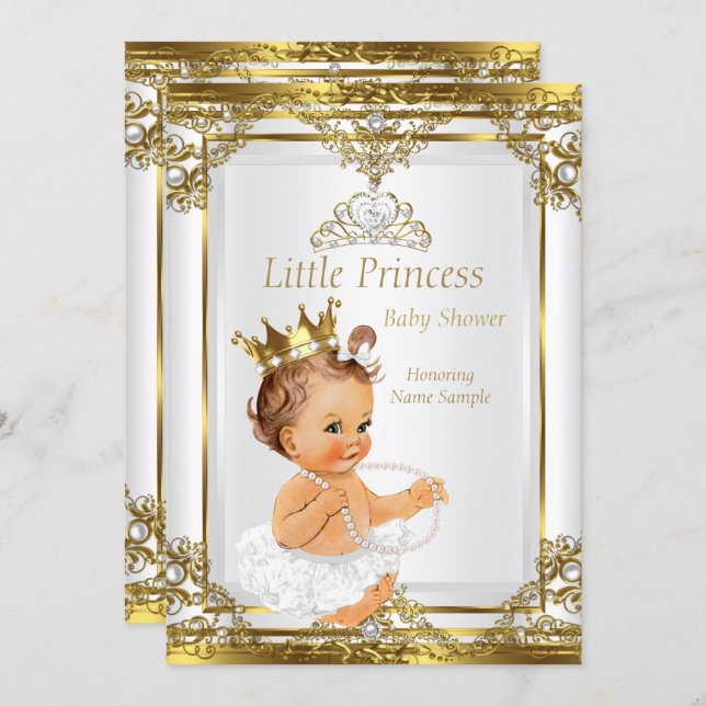 Gold White Pearl Princess Baby Shower Brunette Invitation (Front/Back)