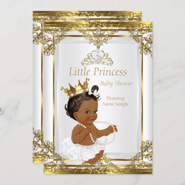 Gold White Pearl Princess Baby Shower Ethnic Invitation (Front/Back)