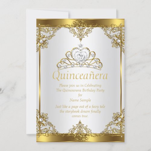 Gold White Pearl Princess Quinceanera Party Invitation