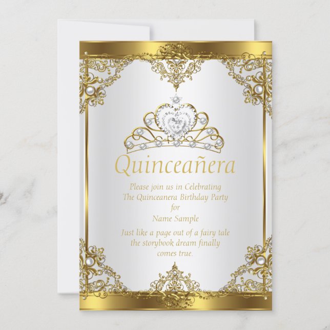 Gold White Pearl Princess Quinceanera Party Invitation (Front)