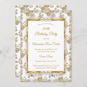 Gold White Pearl Vintage Damask Rose Birthday Invitation